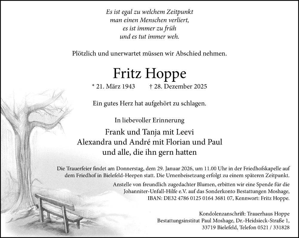 Traueranzeige für Fritz Hoppe vom 17.01.2026 aus Neue Westfälische und Westfalen-Blatt