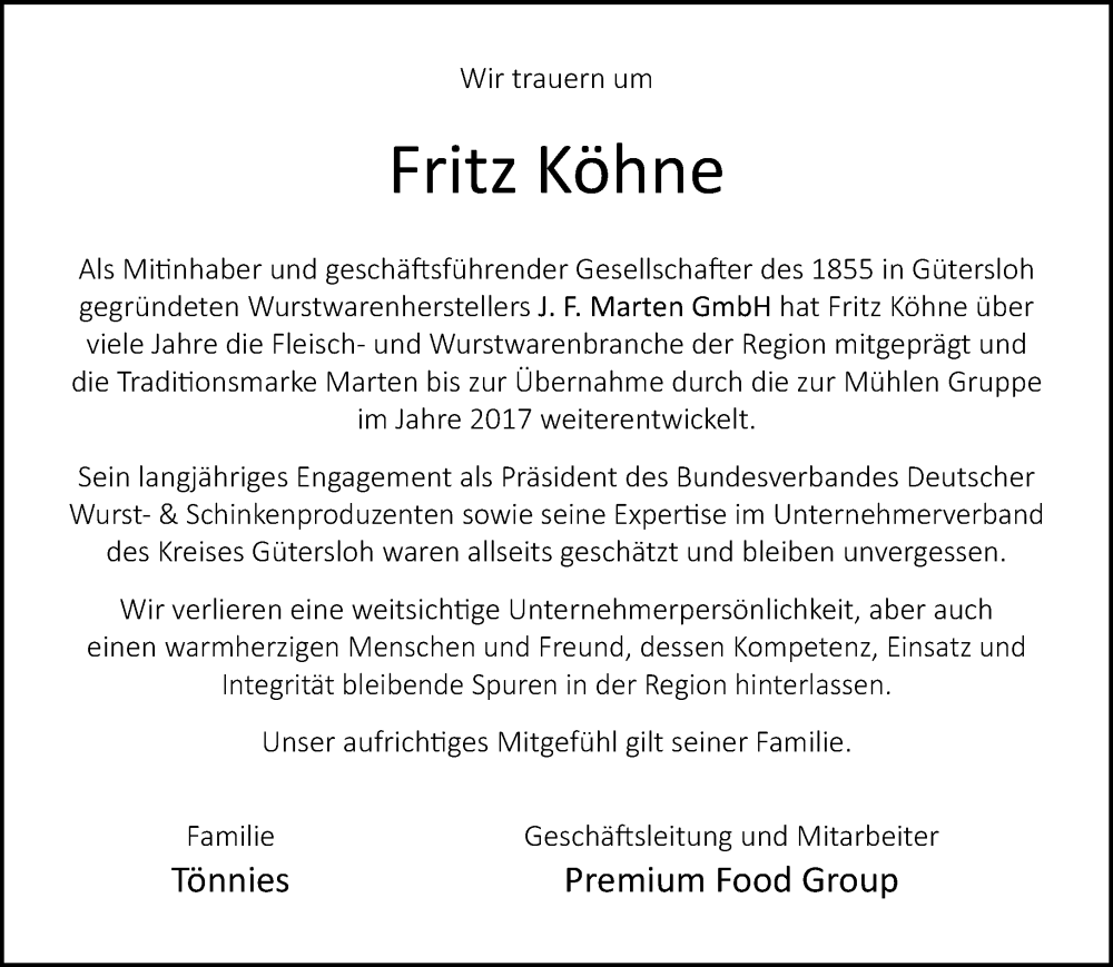  Traueranzeige für Fritz Köhne vom 31.01.2026 aus Neue Westfälische und Westfalen-Blatt