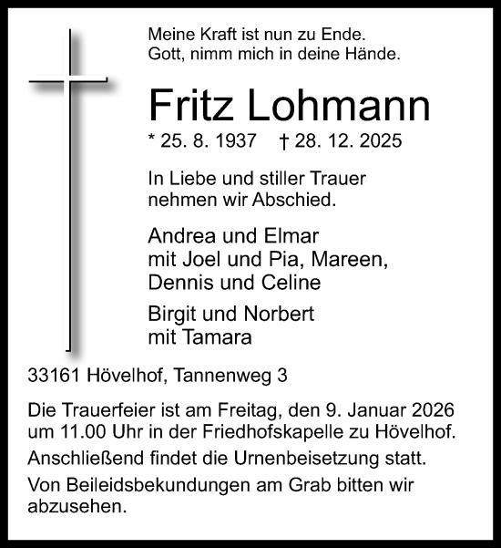 Traueranzeige von Fritz Lohmann von Neue Westfälische und Westfalen-Blatt