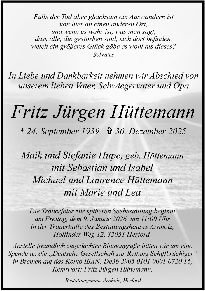  Traueranzeige für Fritz Jürgen Hüttemann vom 03.01.2026 aus Neue Westfälische und Westfalen-Blatt