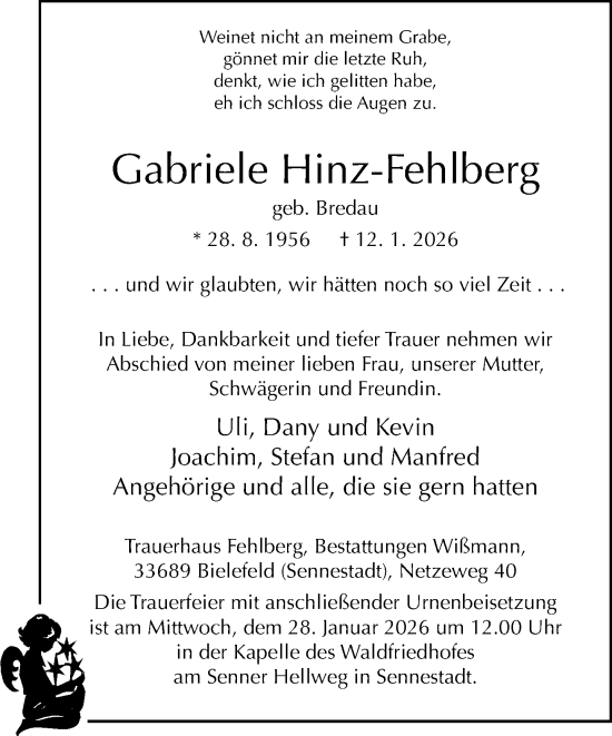 Traueranzeige von Gabriele Hinz-Fehlberg von Neue Westfälische und Westfalen-Blatt