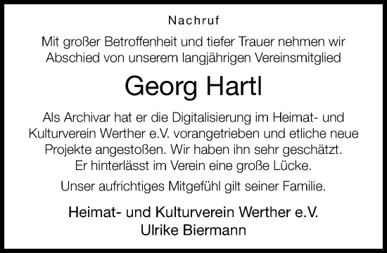 Traueranzeige von Georg Hartl von Neue Westfälische und Westfalen-Blatt