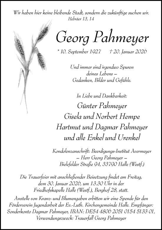 Traueranzeige von Georg Pahmeyer von Neue Westfälische und Westfalen-Blatt