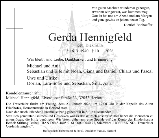 Traueranzeige von Gerda Hennigfeld von Neue Westfälische und Westfalen-Blatt