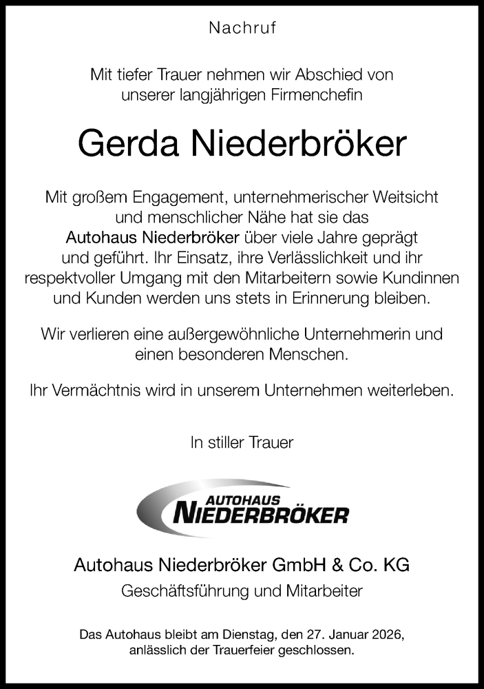  Traueranzeige für Gerda Niederbröker vom 24.01.2026 aus Neue Westfälische und Westfalen-Blatt