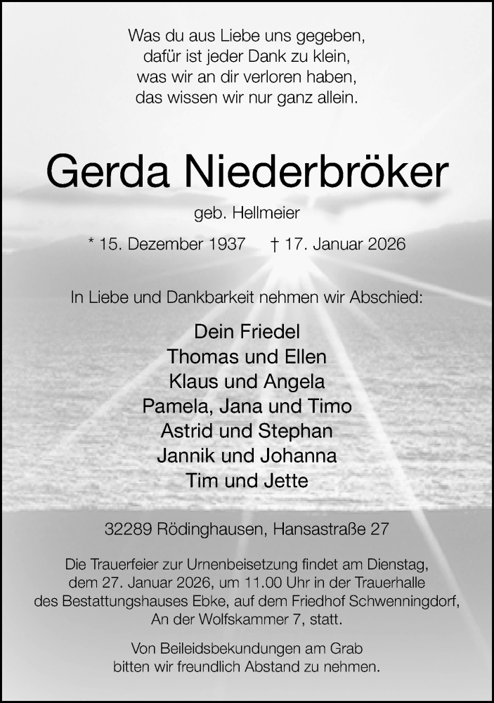  Traueranzeige für Gerda Niederbröker vom 24.01.2026 aus Neue Westfälische und Westfalen-Blatt
