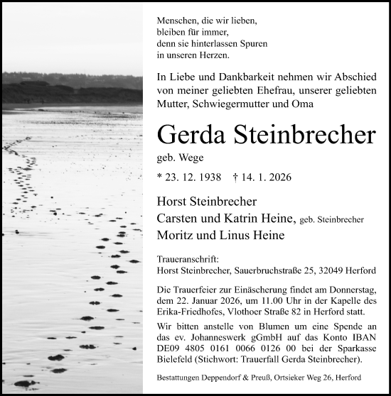 Traueranzeige von Gerda Steinbrecher von Neue Westfälische und Westfalen-Blatt