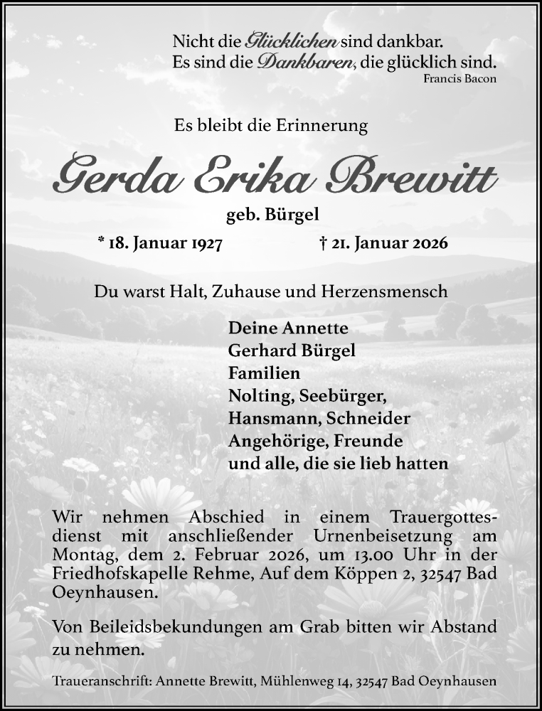  Traueranzeige für Gerda Erika Brewitt vom 28.01.2026 aus Neue Westfälische und Westfalen-Blatt