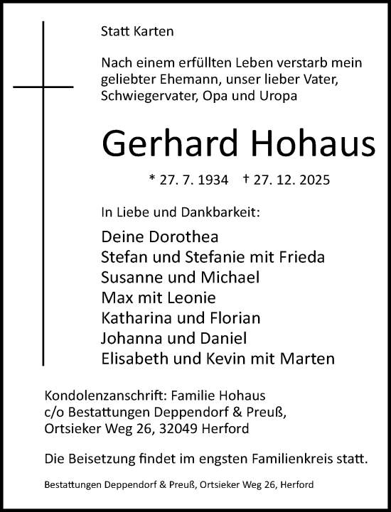 Traueranzeige von Gerhard Hohaus von Neue Westfälische und Westfalen-Blatt