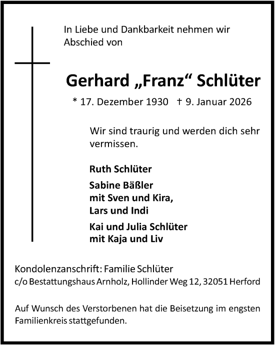 Traueranzeige von Gerhard Schlüter von Neue Westfälische und Westfalen-Blatt