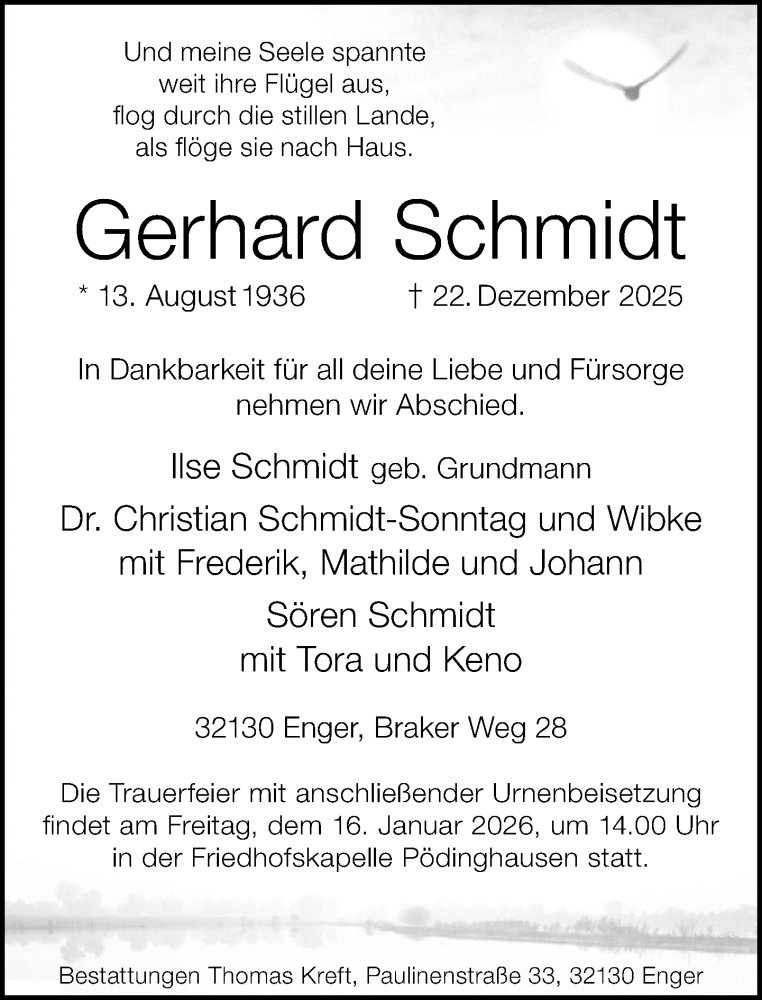  Traueranzeige für Gerhard Schmidt vom 10.01.2026 aus Neue Westfälische und Westfalen-Blatt
