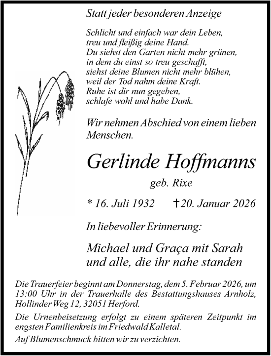 Traueranzeige von Gerlinde Hoffmanns von Neue Westfälische und Westfalen-Blatt