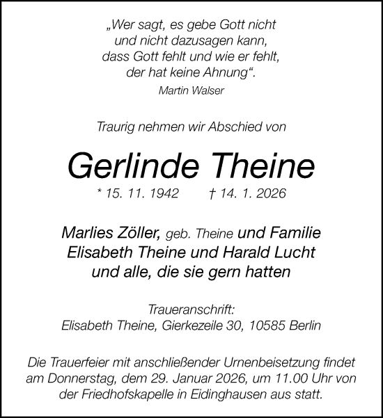 Traueranzeige von Gerlinde Theine von Neue Westfälische und Westfalen-Blatt
