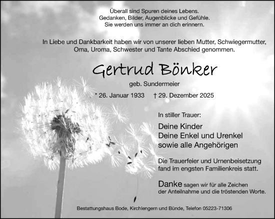 Traueranzeige von Gertrud Bönker von Neue Westfälische und Westfalen-Blatt