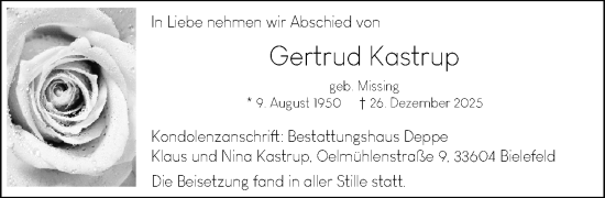 Traueranzeige von Gertrud Kastrup von Neue Westfälische und Westfalen-Blatt