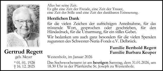 Traueranzeige von Gertrud Regett von Neue Westfälische und Westfalen-Blatt