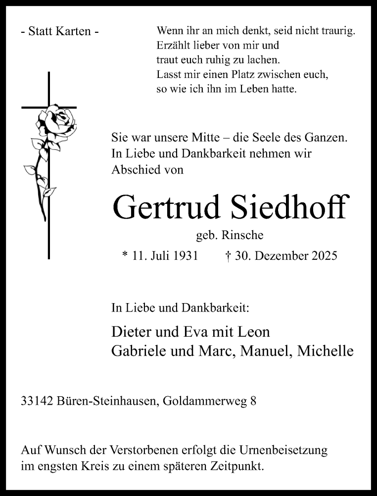  Traueranzeige für Gertrud Siedhoff vom 03.01.2026 aus Neue Westfälische und Westfalen-Blatt