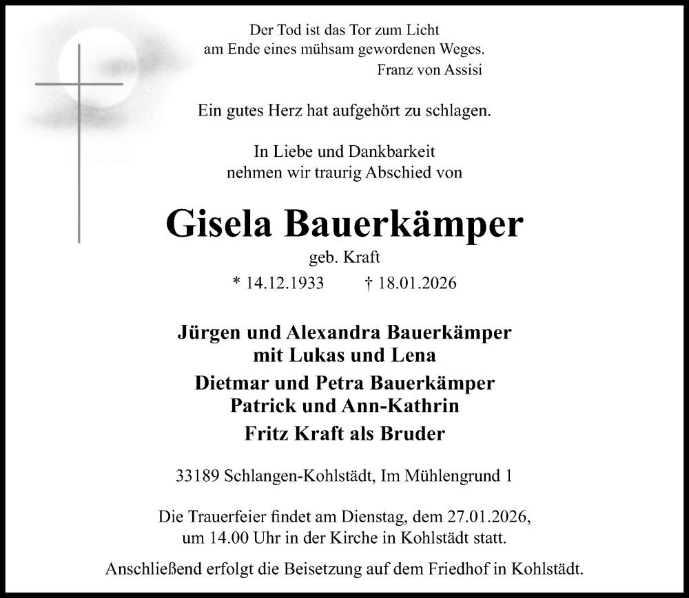  Traueranzeige für Gisela Bauerkämper vom 24.01.2026 aus Neue Westfälische und Westfalen-Blatt