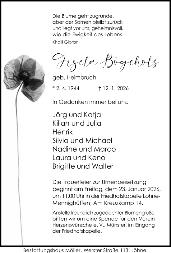 Traueranzeige von Gisela Bögeholz von Neue Westfälische und Westfalen-Blatt