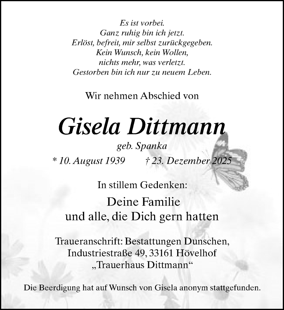  Traueranzeige für Gisela Dittmann vom 10.01.2026 aus Neue Westfälische und Westfalen-Blatt