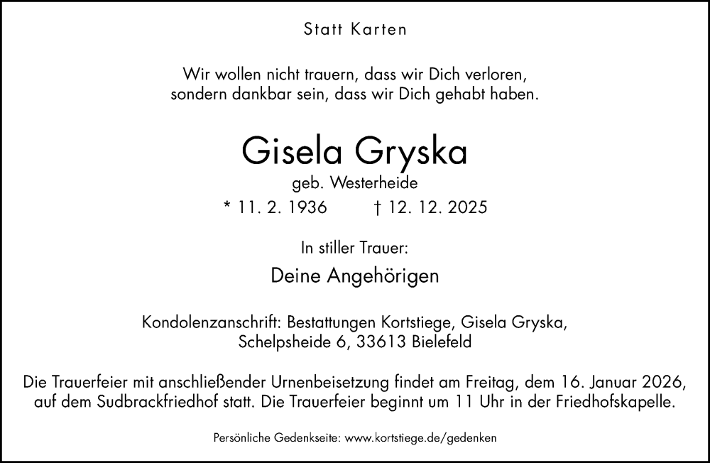  Traueranzeige für Gisela Gryska vom 10.01.2026 aus Neue Westfälische und Westfalen-Blatt