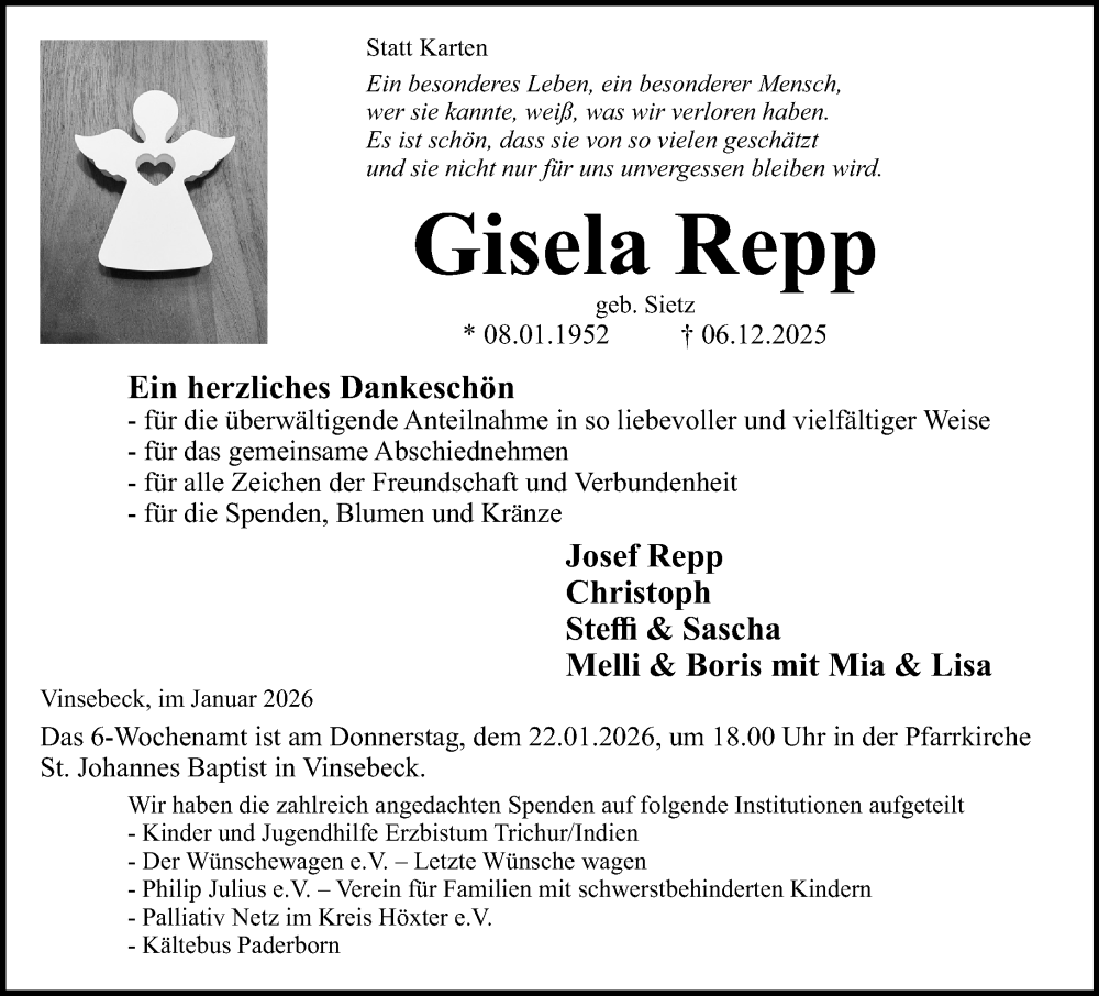  Traueranzeige für Gisela Repp vom 17.01.2026 aus Neue Westfälische und Westfalen-Blatt