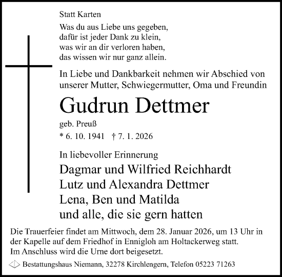 Traueranzeige von Gudrun Dettmer von Neue Westfälische und Westfalen-Blatt