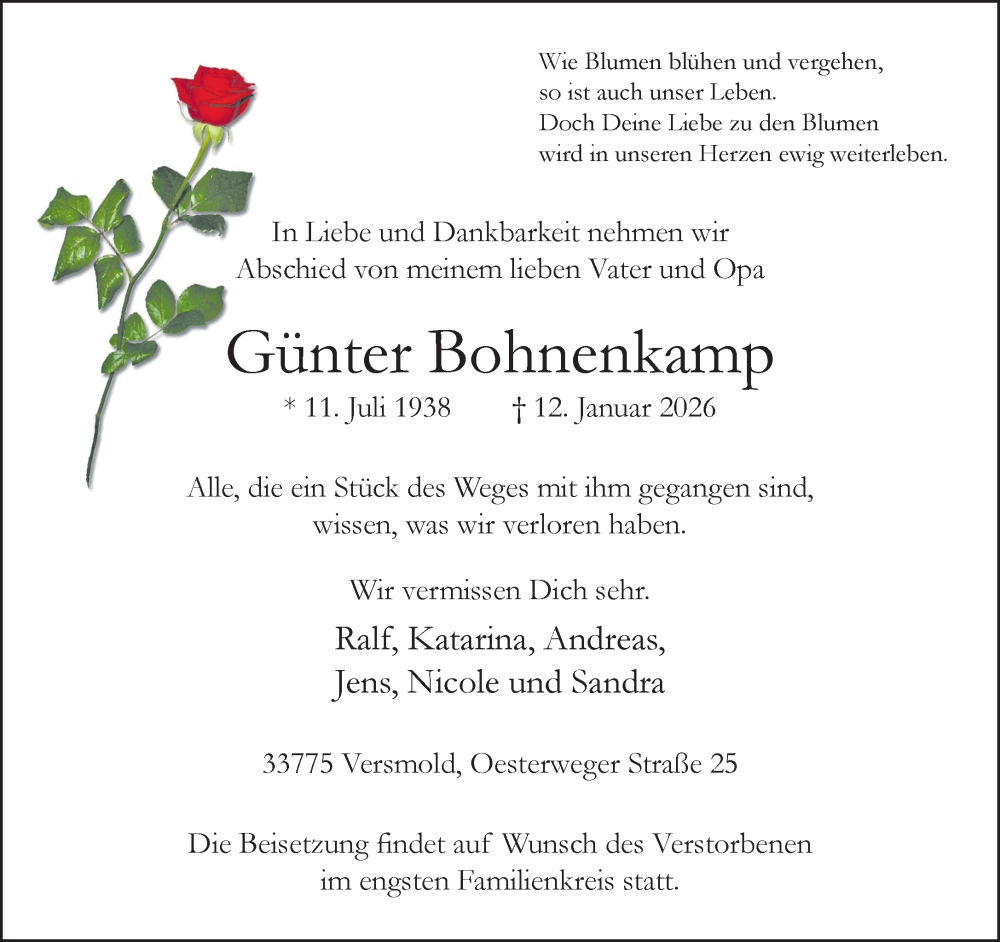  Traueranzeige für Günter Bohnenkamp vom 22.01.2026 aus Neue Westfälische und Westfalen-Blatt