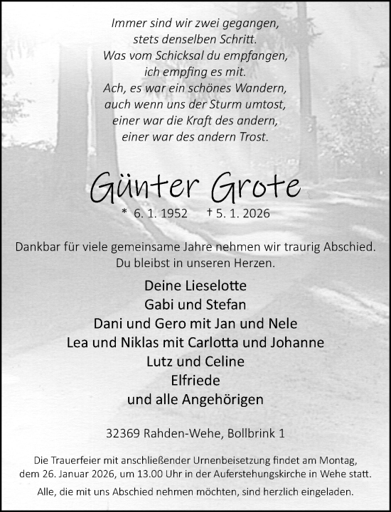 Traueranzeige von Günter Grote von Neue Westfälische und Westfalen-Blatt