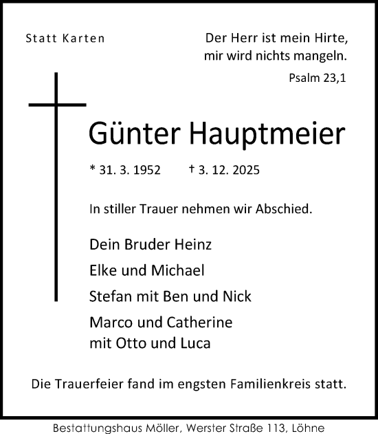 Traueranzeige von Günter Hauptmeier von Neue Westfälische und Westfalen-Blatt