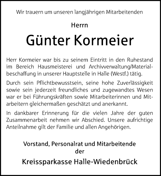 Traueranzeige von Günter Kormeier von Neue Westfälische und Westfalen-Blatt