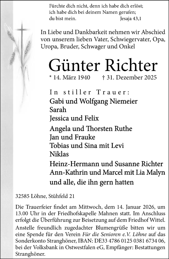 Traueranzeige von Günter Richter von Neue Westfälische und Westfalen-Blatt
