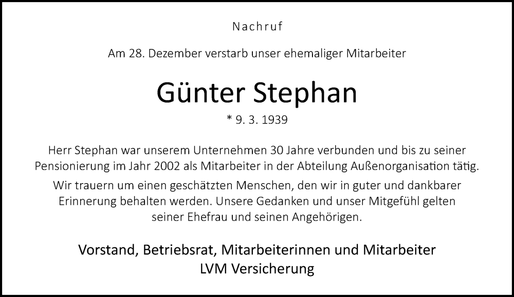  Traueranzeige für Günter Stephan vom 10.01.2026 aus Neue Westfälische und Westfalen-Blatt