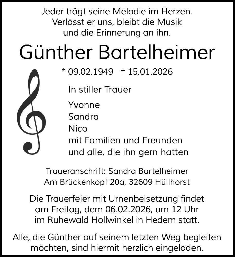  Traueranzeige für Günther Bartelheimer vom 31.01.2026 aus Neue Westfälische und Westfalen-Blatt