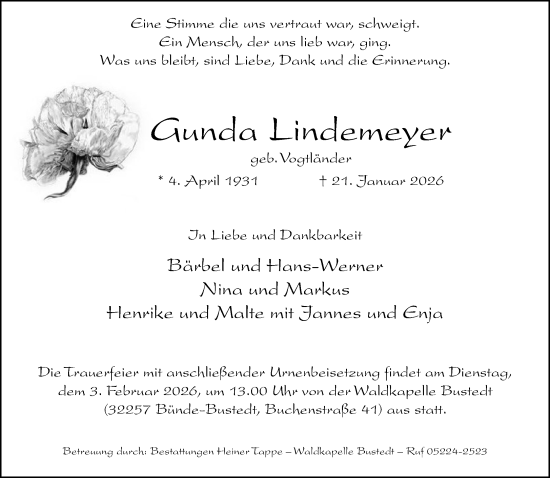Traueranzeige von Gunda Lindemeyer von Neue Westfälische und Westfalen-Blatt