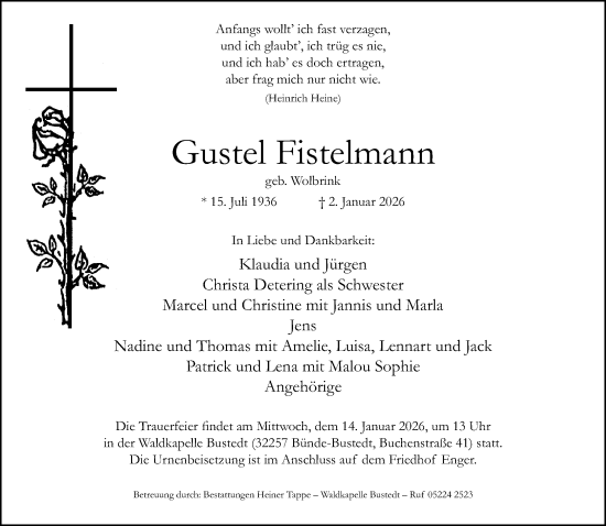 Traueranzeige von Gustel Fistelmann von Neue Westfälische und Westfalen-Blatt
