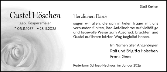 Traueranzeige von Gustel Höschen von Neue Westfälische und Westfalen-Blatt