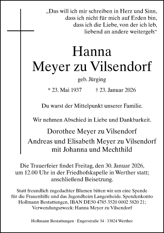Traueranzeige von Hanna Meyer zu Vilsendorf von Neue Westfälische und Westfalen-Blatt