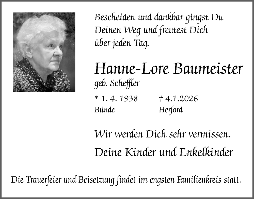  Traueranzeige für Hanne-Lore Baumeister vom 31.01.2026 aus Neue Westfälische und Westfalen-Blatt
