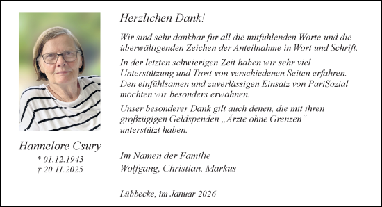 Traueranzeige von Hannelore Csury von Neue Westfälische und Westfalen-Blatt