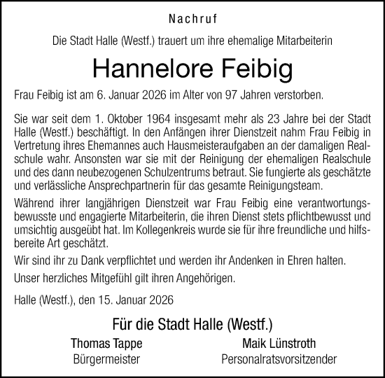 Traueranzeige von Hannelore Feibig von Neue Westfälische und Westfalen-Blatt