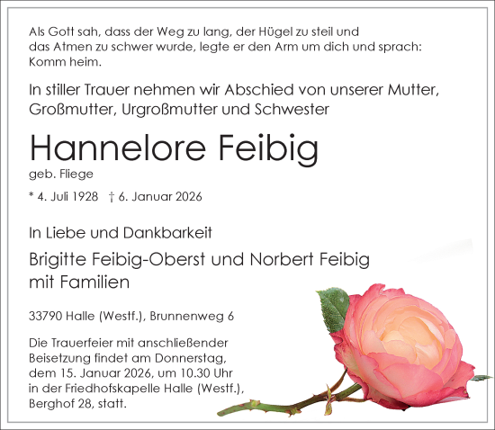 Traueranzeige von Hannelore Feibig von Neue Westfälische und Westfalen-Blatt