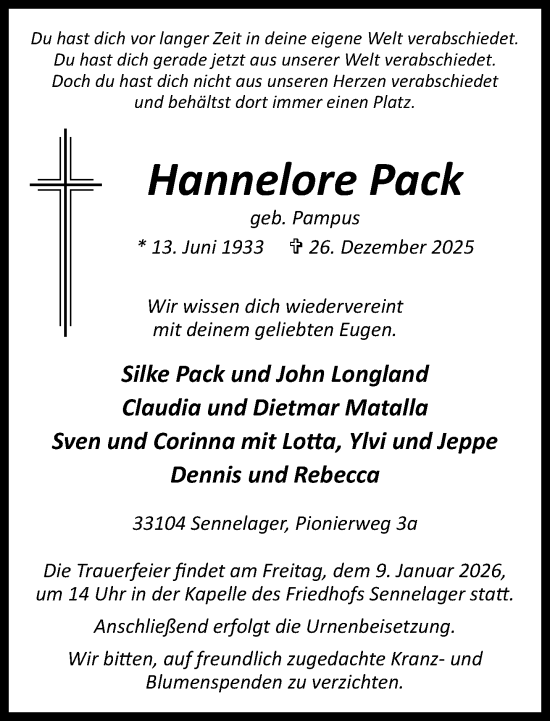 Traueranzeige von Hannelore Pack von Neue Westfälische und Westfalen-Blatt