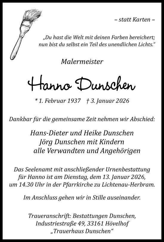 Traueranzeige von Hanno Dunschen von Neue Westfälische und Westfalen-Blatt
