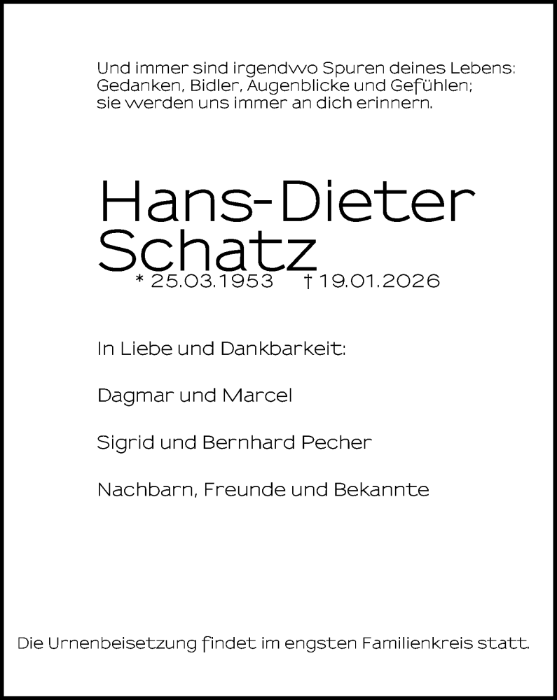 Traueranzeige für Hans-Dieter Schatz vom 28.01.2026 aus Neue Westfälische und Westfalen-Blatt
