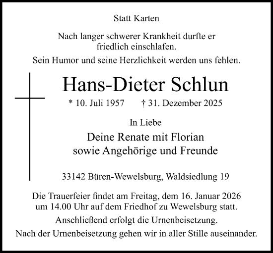 Traueranzeige von Hans-Dieter Schlun von Neue Westfälische und Westfalen-Blatt