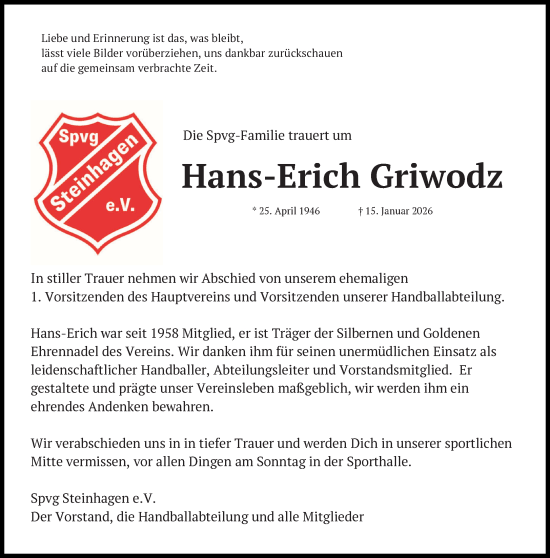 Traueranzeige von Hans-Erich Griwodz von Neue Westfälische und Westfalen-Blatt