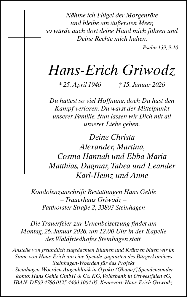  Traueranzeige für Hans-Erich Griwodz vom 21.01.2026 aus Neue Westfälische und Westfalen-Blatt