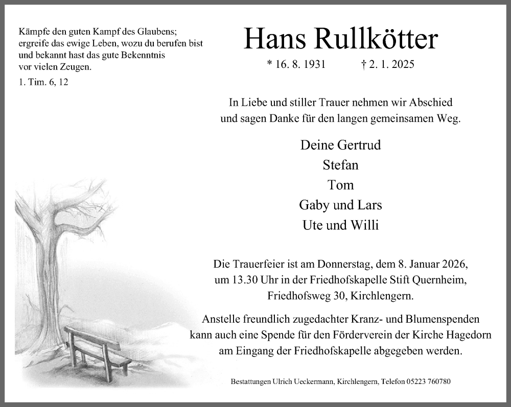  Traueranzeige für Hans Rullkötter vom 06.01.2026 aus Neue Westfälische und Westfalen-Blatt
