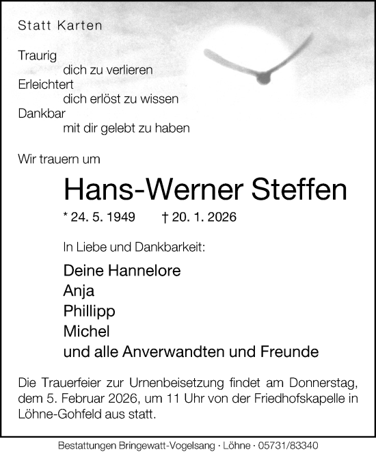 Traueranzeige von Hans-Werner Steffen von Neue Westfälische und Westfalen-Blatt